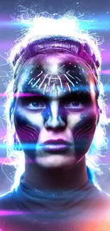 Futuristic cyber face art with neon lights and galaxy background.