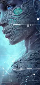 Futuristic cyber face art with glowing, intricate patterns in blue tones.