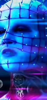 Futuristic design with blue hues; digital cyber face.