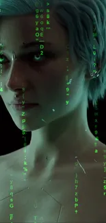 Futuristic face with digital green code overlaying a black background.