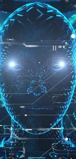 Futuristic cyber face with glowing blue eyes on wallpaper.