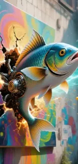 A vibrant design showing a cybernetic fish emerging through colorful graffiti.