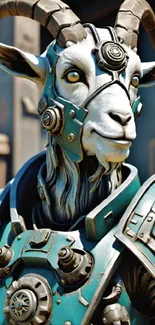 Futuristic cyber goat in teal armor with robotic elements.