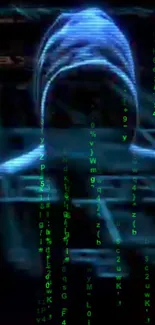 Mysterious hacker with neon code on dark background.