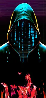 Hooded figure with neon and binary code on a black background.