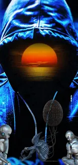 Futuristic cyber art with hooded figure and sunset.