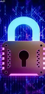 Futuristic glowing padlock with digital background in purple hues.