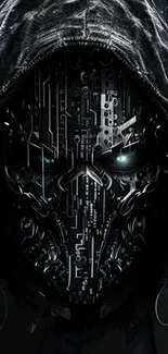 Cyberpunk wallpaper with dark hooded figure and robotic face.