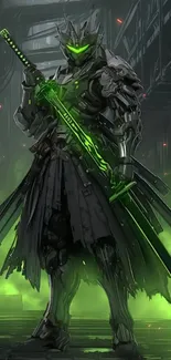 Futuristic cyber ninja with neon green highlights in dark armor.