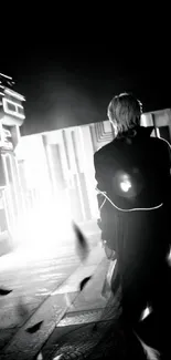 A mysterious figure in a futuristic black and white cityscape.