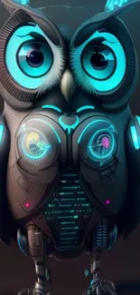 Futuristic robotic owl with glowing blue accents on a mobile wallpaper.