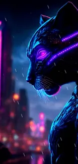 Futuristic cyber panther with neon lights in urban setting.