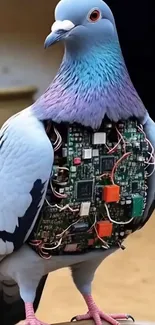 Cybernetic pigeon with circuit board body in artistic wallpaper