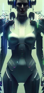 Futuristic humanoid in cyberpunk suit with robotic features.