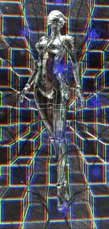 Futuristic robot with holographic grid background.