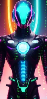 Futuristic robot with neon lights and a digital matrix background.