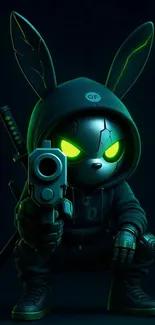 Cyberpunk samurai bunny with glowing eyes.