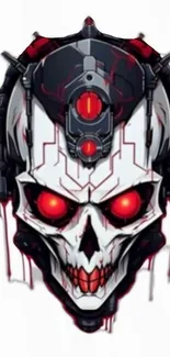 Futuristic cyber skull illustration with red eyes.