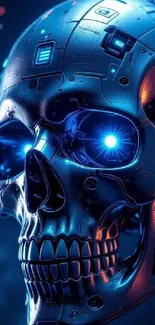 Futuristic cybernetic skull glowing with blue light in digital art wallpaper.