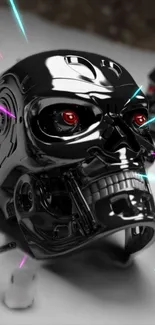 Futuristic cyber skull with glowing red eyes.