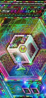 Futuristic cyber digital art wallpaper with neon hexagonal patterns.