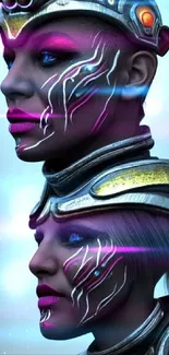 Futuristic cyber warriors in detailed face art, vibrant colors.