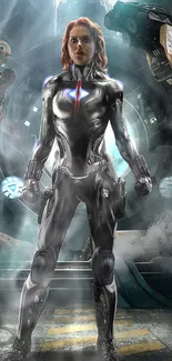 Futuristic warrior in a dark industrial sci-fi setting, perfect for mobile wallpaper.