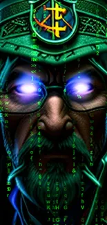 Futuristic cyber warrior with glowing eyes in digital art wallpaper.