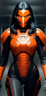 Futuristic cyber warrior in orange armor in a sleek corridor.