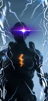 Futuristic cyber warrior with lightning effects on a blue background.