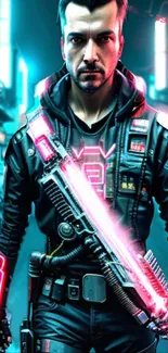 Futuristic cyber warrior with neon lights.