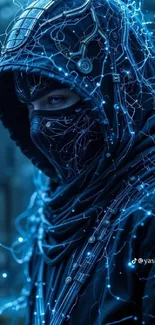 Futuristic cyber warrior with electric blue details.
