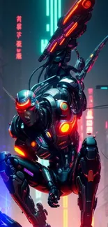 Futuristic cyber warrior against neon city backdrop.