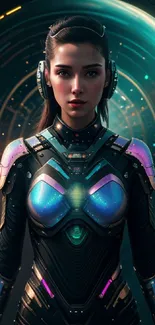 Futuristic cyber warrior with vibrant tech armor in a digital background.