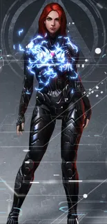 Futuristic warrior in sleek armor with red hair on dark background.