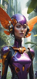 Futuristic cyber warrior in a lush jungle setting with purple armor and orange accents.