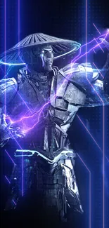 Futuristic cyber warrior with electric lightning effect.