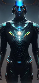 Futuristic cyber warrior with glowing lights.