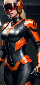 Futuristic female cyber warrior in black and orange armor, tech-inspired mobile wallpaper.