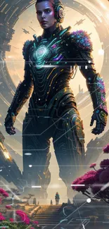 Futuristic figure in nature-themed armor amidst a vibrant sci-fi landscape.