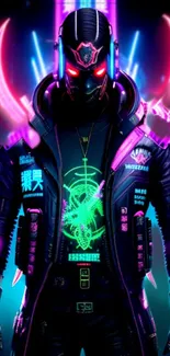 Neon cyber warrior with futuristic design and vibrant colors.