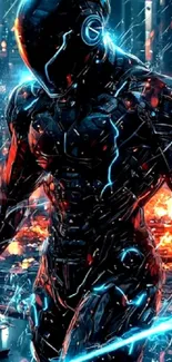 Futuristic cyber warrior with neon lights.