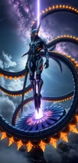 Futuristic cyber warrior floating with neon glow and tentacles.