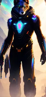 Cyber wolf soldier in futuristic armor, vividly glowing.