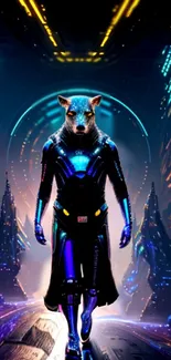 Futuristic cyber wolf in neon-lit cityscape.