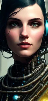 A futuristic cyber woman with mechanical elements and glowing blue details.