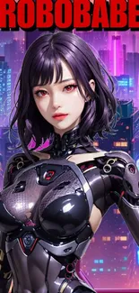 Cybernetic woman in a neon city wallpaper