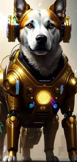 Futuristic robotic dog in golden armor standing in a modern cityscape.