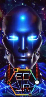 Futuristic cybernetic face with glowing eyes