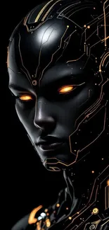 Futuristic android face with glowing eyes and circuit details on a dark background.